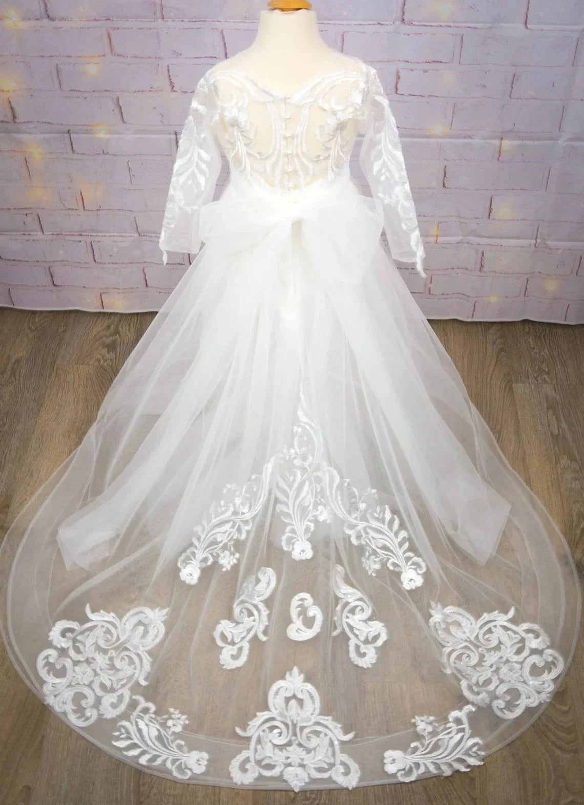 Holy White CVommunion Dress Long Sleeve Lace and Floral on Bodice Top Sequins Tulle-Skirt Flowy A-line Gormal Gown