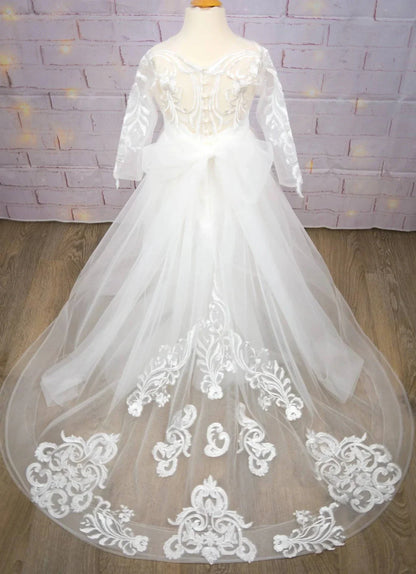 Holy White CVommunion Dress Long Sleeve Lace and Floral on Bodice Top Sequins Tulle-Skirt Flowy A-line Gormal Gown