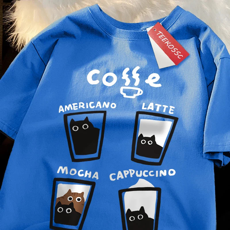 Fun Coffee Cat Japanese Style Men Women T-Shirts Oversize Tshirt Breathable Loose Short Sleeve Tee Clothes Cotton Streetwear