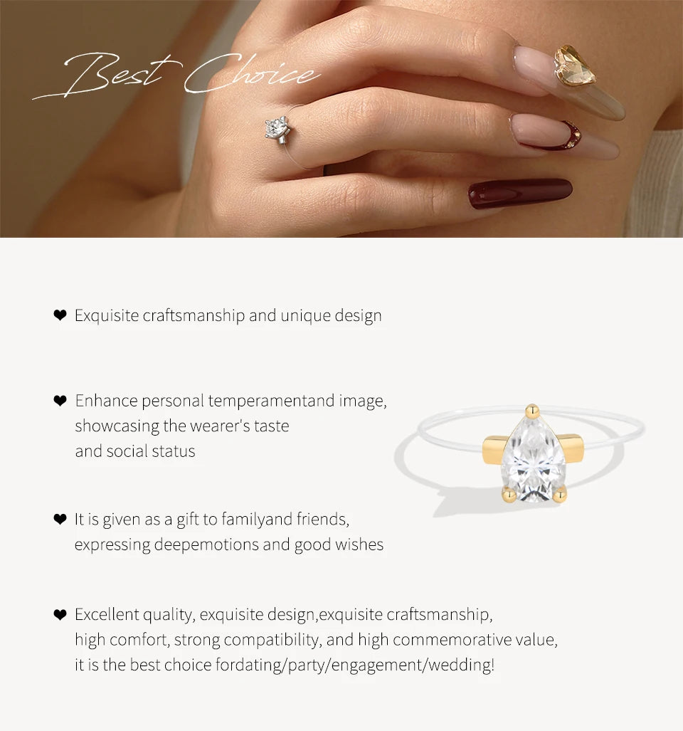 0.8CT DVVS1 Moissanite Rings for Women 925 Sterling Silver Creative Transparent Fishing Line Ring Handmade Jewelry Gift