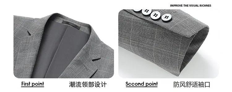 Suits (blazer+ Pants) Men Fashion Business Casual Solid Color Korean Version Slim-fit Plaid Gentleman Wedding Work S-5XL