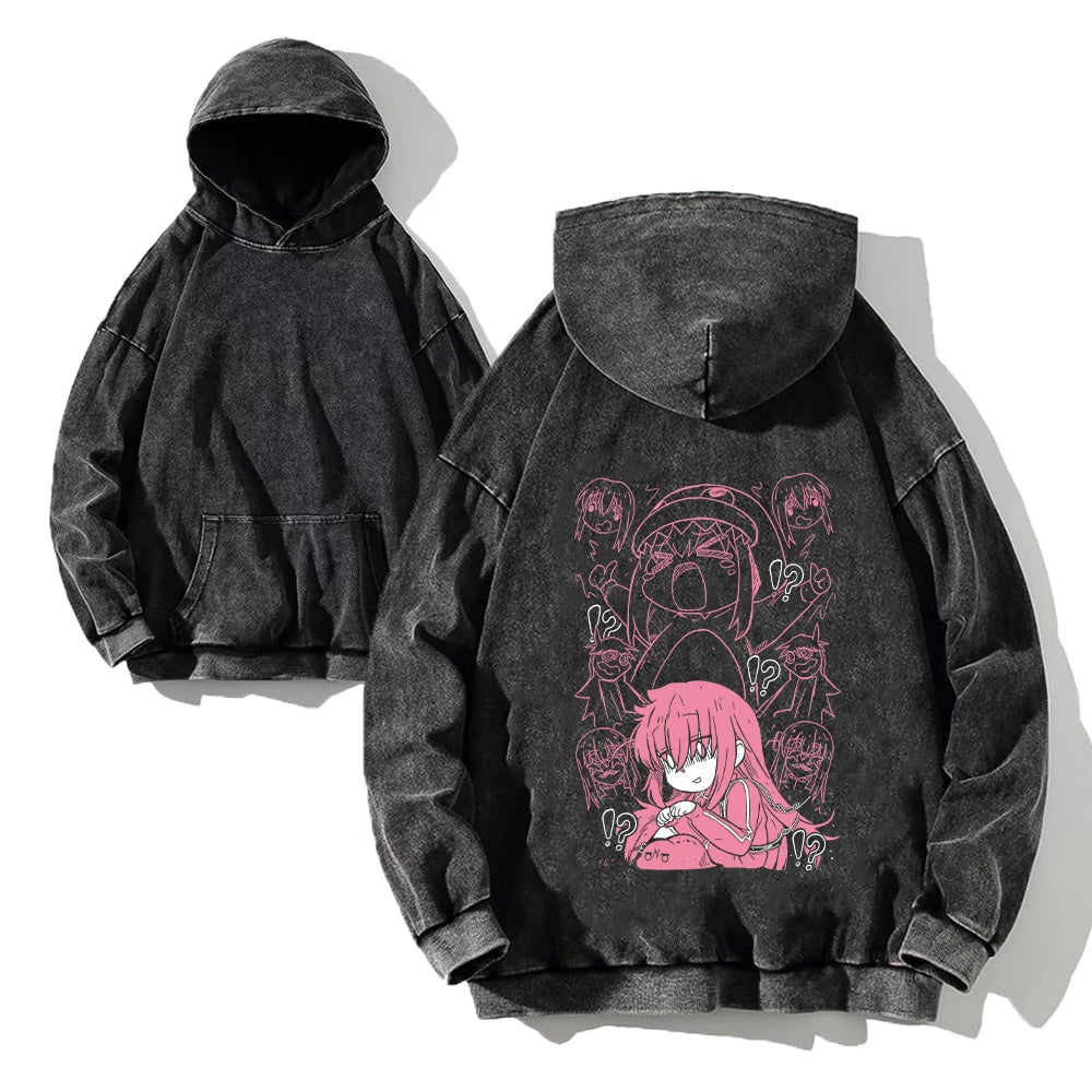 Men Acid Hoodies Bocchi The Rock Manga Top Print Vintage Pullover Casual Basis Long Sleeve Washed Hoodies