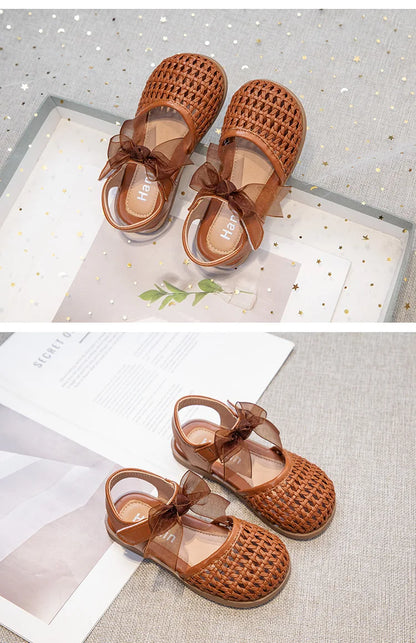 Children's Sandals Summer New Elegant Girls Princess Shoes Woven Style Beach Causal Kids Flat Sandals Solid Color Versatile