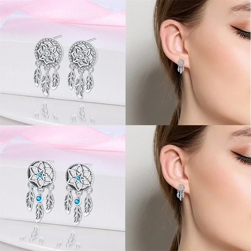 New in 925 Silver Romantic Feather Moon Stars Dream Catcher Earrings For Women Trending Fashion Jewelry Creative Birthday Gifts