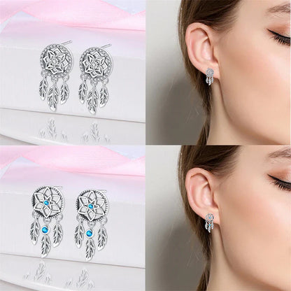 New in 925 Silver Romantic Feather Moon Stars Dream Catcher Earrings For Women Trending Fashion Jewelry Creative Birthday Gifts