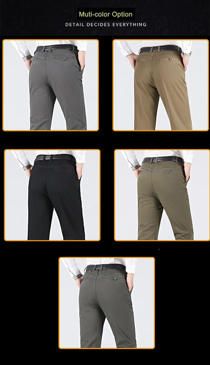 Men's 100% Cotton Summer Autumn Casual Pants Fashion Solid Black Khaki Gentle Thicken Trousers Brand Smart Suit Pant GOZBKF