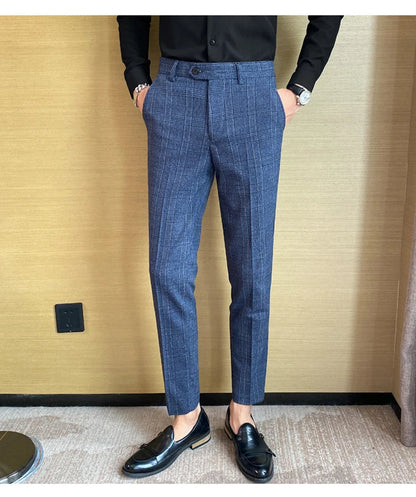 Boutique Classic Plaid and Striped Fashion Men's Casual Business Slim Suit Pants Groom Wedding Dress Trousers Party