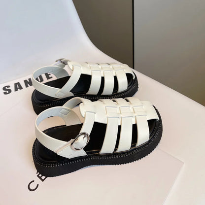 Children's Summer Sandals Girls Woven Baotou Princess Shoes Non-slip Hollow Roman Soft Sole Leather Shoes Buckle Roman Slippers