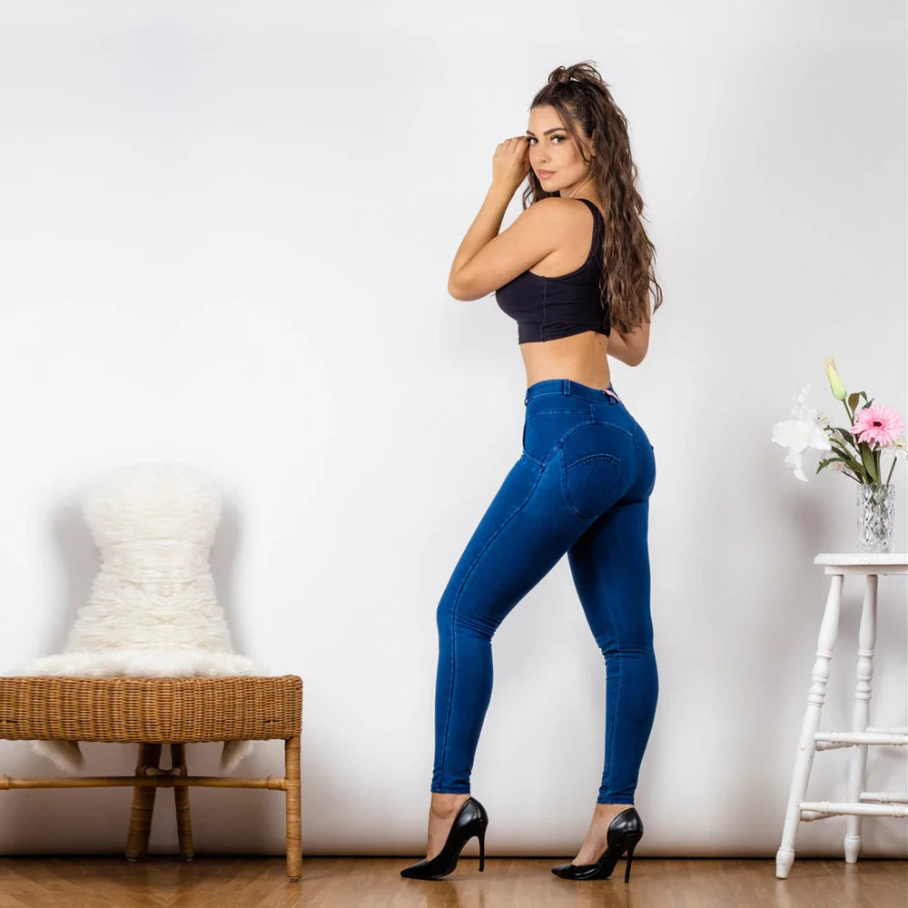 Mid Rise Super Stretch Skinny Jeans Mom Jeans Dark Blue Pull On Straight Leg Bum Lifting Jeggings Women