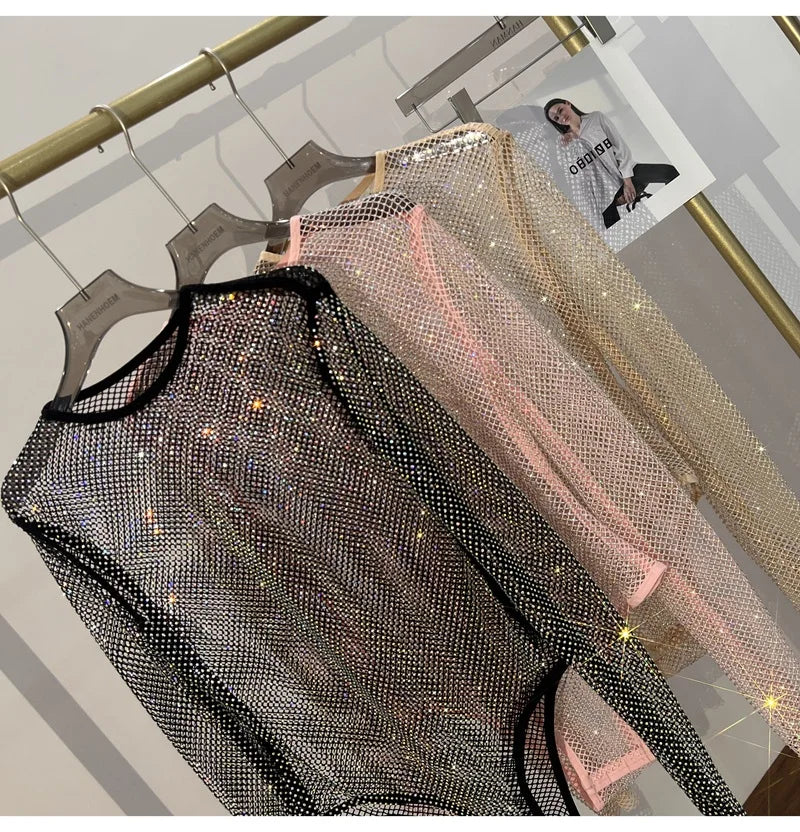 Women's Shiny Rhinestone Fishnet See-Through Bodysuit Mesh Fashion Sexy Bodysuit