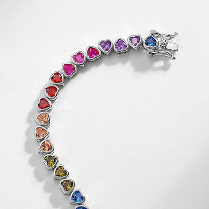925 Sterling Silver Tennis Bracelet Colorful Rainbow CZ Heart Shaped Zircon Bracelet For Women Fine Jewelry Wholesale