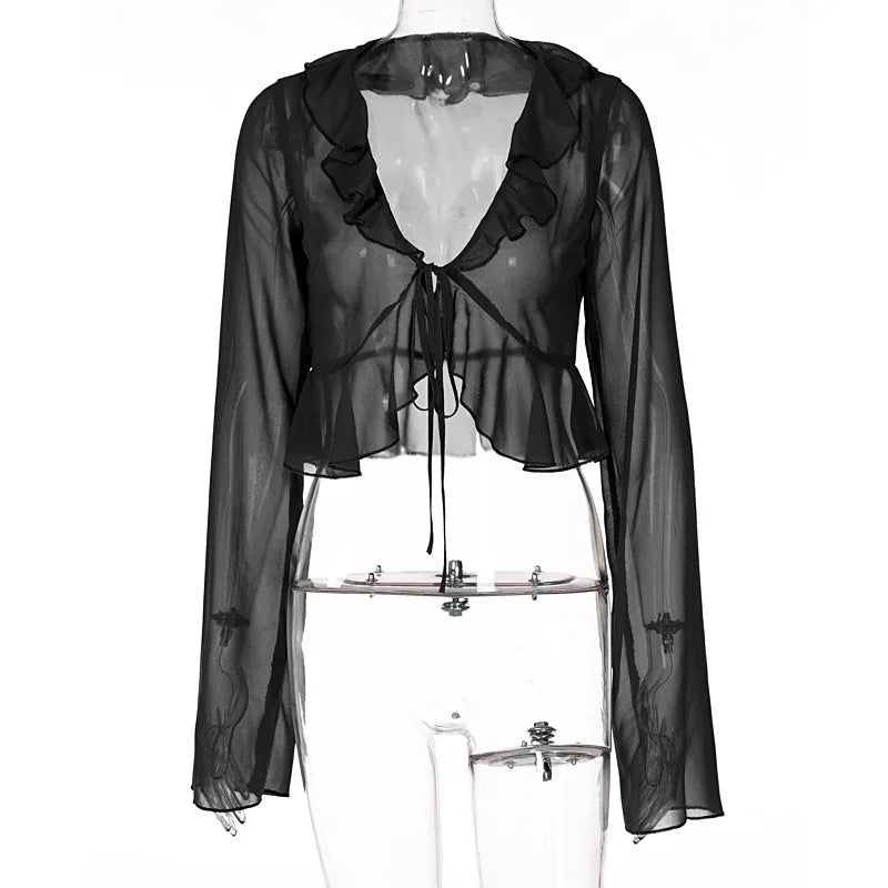 2025 Women Fungus Lace Solid See Through Silk Flare Sleeve V Neck Crop Tank Fashion Casual Sweet Girl Top