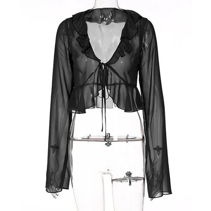 2025 Women Fungus Lace Solid See Through Silk Flare Sleeve V Neck Crop Tank Fashion Casual Sweet Girl Top