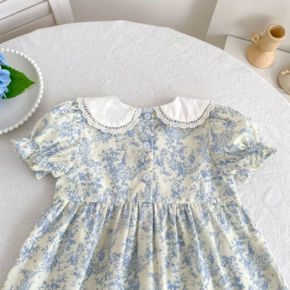 2026 Novo Vestido de Verão para Meninas Crianças 2-6 Anos Vestido de Manga Curta Bufante Estampa Floral Gola Franzida Algodão Doce