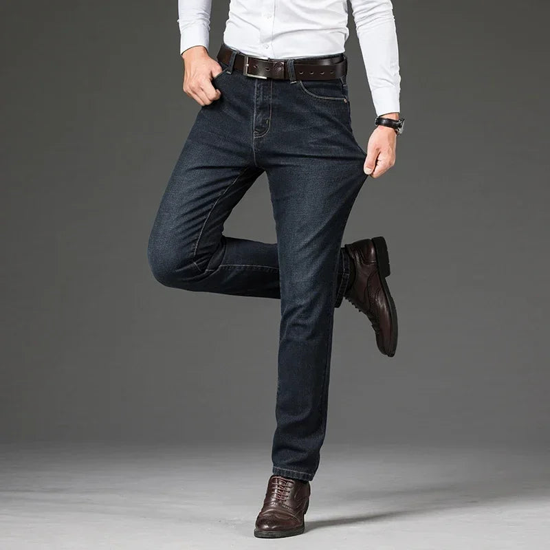 Tamanhos Grandes 40 42 44 46 2025 Nova Calça Casual Social Elástica Calça Jeans Azul Clássico Masculina Calça Jeans Solta Reta Masculina