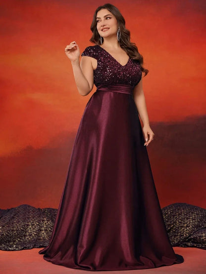 Plus Size Elegant V-Neck Red Sequins Evening Dress Long Luxury Women Satin Sleevesless Party Prom Cocktail Gowns
