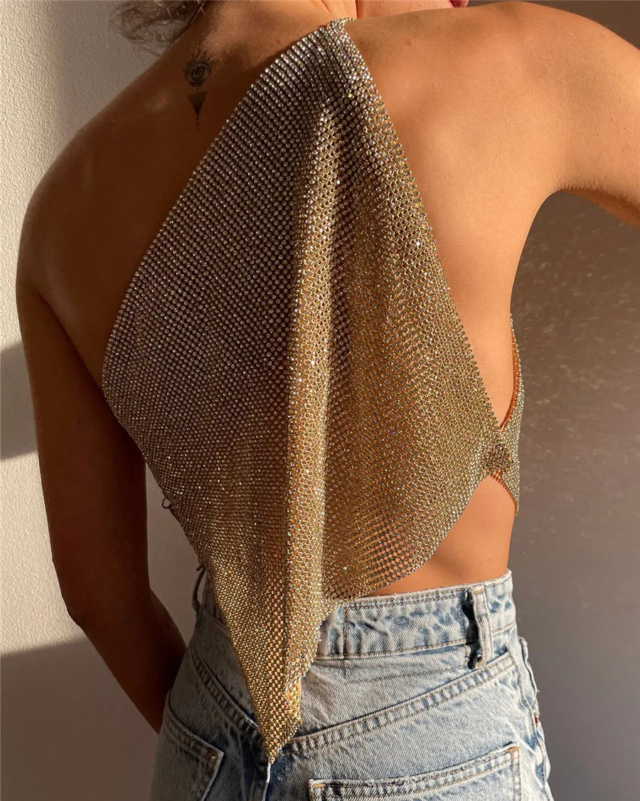 Shiny Rhinestone Metal Camisole For Women Sexy Backless Single shoulder Side Split Tank Tops Cocktail Party Club Crop Top Y2K