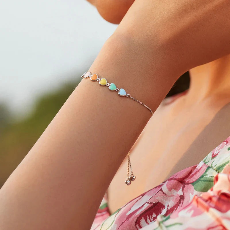 bamoer Rainbow Color Enamel Heart Bracelet for Women Heart-shape  925 Sterling Silver Chain Bracelet Anti-allergy Jewelry SCB158