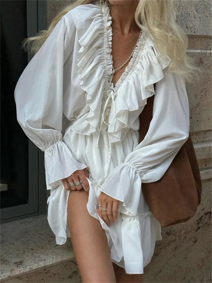 White Ruffle Bandage Mini Dress Women's Elegant Patchwork Long Sleeve Dress New Slim V Neck Lace Up Summer Mini Dress