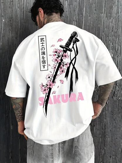 Japanese Samurai Sword Sakura Print 100% Cotton Men Women T-shirt Summer Autumn Daily Outdoor Sports Casual Street Short-sleeve