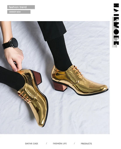 New 2025 Luxury Gold Men High Heel Leather Shoes Moccasins Designer Pointed Dress Shoes Men Wedding Formal Shoes Big Size 46