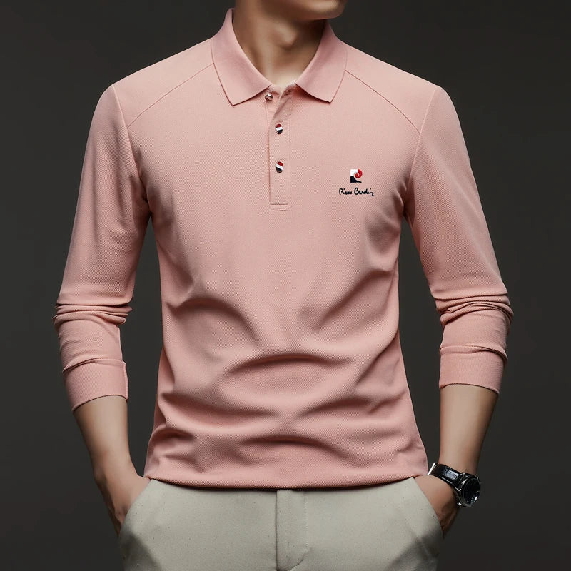 Original Design Men's Polo Shirt Lapel Long Sleeve T-Shirt Autumn New Solid Exquisite Letter Embroider Business Smart Menswear