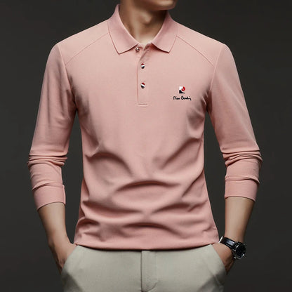Original Design Men's Polo Shirt Lapel Long Sleeve T-Shirt Autumn New Solid Exquisite Letter Embroider Business Smart Menswear