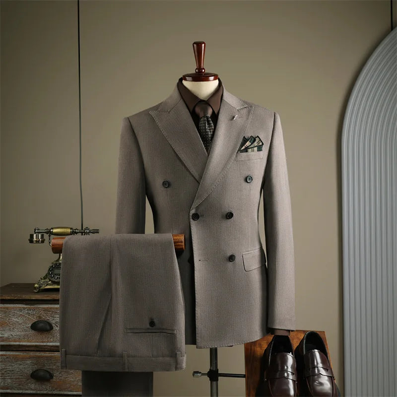 Terno Masculino de Alta Qualidade Formal Social Slim Fit Abotoamento Duplo Listrado Conjunto de Terno Noivo Casamento Roupa de Festa Smoking Roupa Masculina
