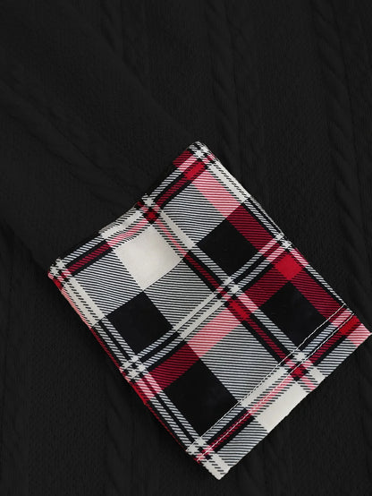 Knitted hooded dress plaid print stitching fake buckle high waist long sleeve A-line dress female