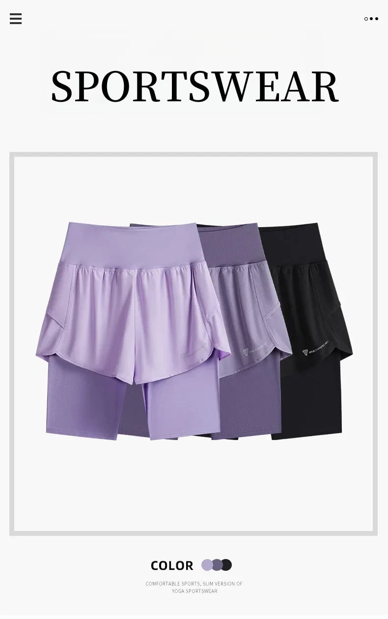 Yoga Shorts Women Summer Fake Two Piece High Waist Loose Gym Shorts With Pocket Ladies Lightweight Fitness Running Clothes