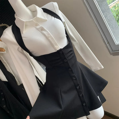 Two Piece New Sexy Chic Halter Female Dresses Basic Polo Neck Fashion Button Shirt Slim Simple A-line XS-L Women Dress