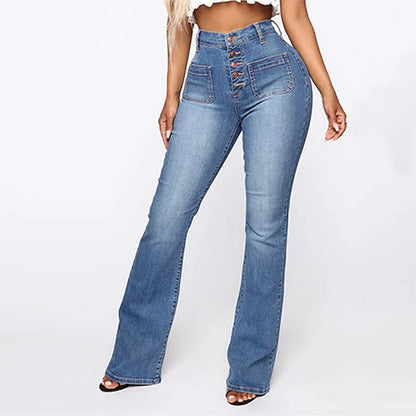High Waist Breasted Jeans Slightly Flared Pants Jeans