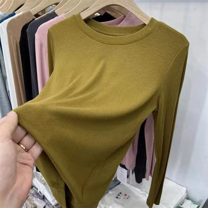 Outono Escritório Senhora Básica Gola Redonda Slim T-Shirt Feminina Cor Sólida Multicor Tendência Versátil Casual Top Manga Longa Elástico Canelado