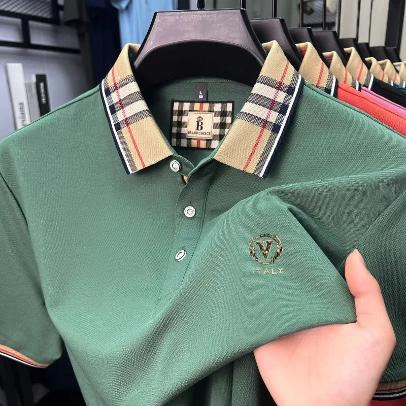 High end brand men's short sleeve polo shirt summer new letter emboss lightweight breathable fashion color blocked lapel T-shirt