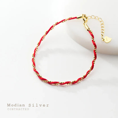 Red Rope Beads Bracelet for Women Fashion Pure 925 Sterling Silver Adjustable Geometric Link Chain Bracelet Fine Jewelry