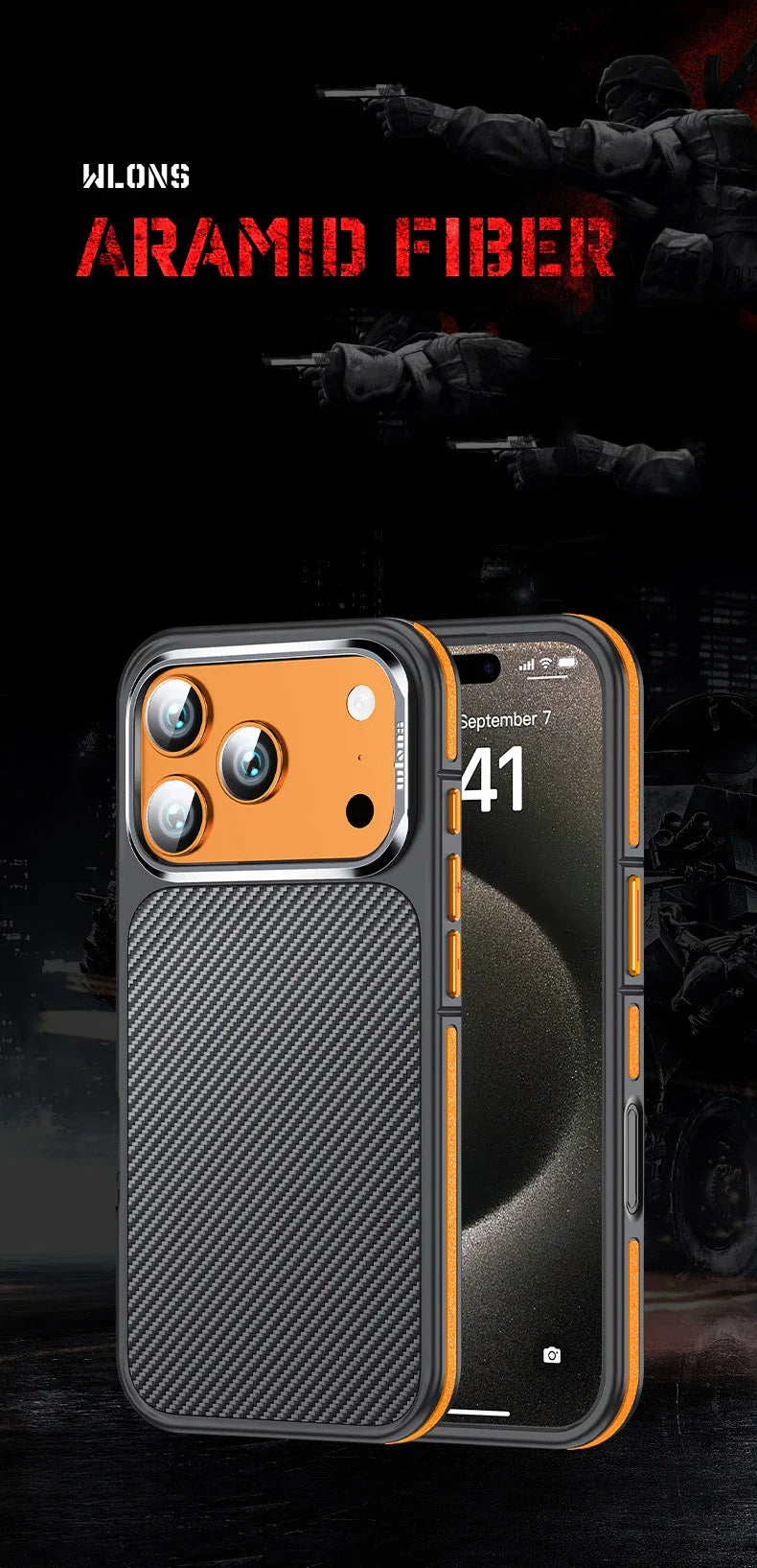 Conelz For 600D Kevlar Series Iphone pro 17 Pro Case with Magnetic Metal Camera Ring Wrapped Edge for iPhone 17 pro max Case