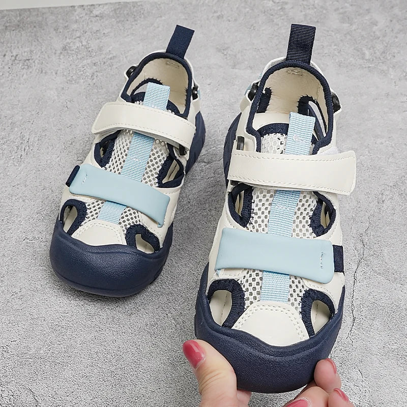 Kids'Casual Shoes Sandals PU Leather Summer Shoes For Boys Hook and Loop Color-Blocking Anti-slip Blue Black Shoes Size 26-37