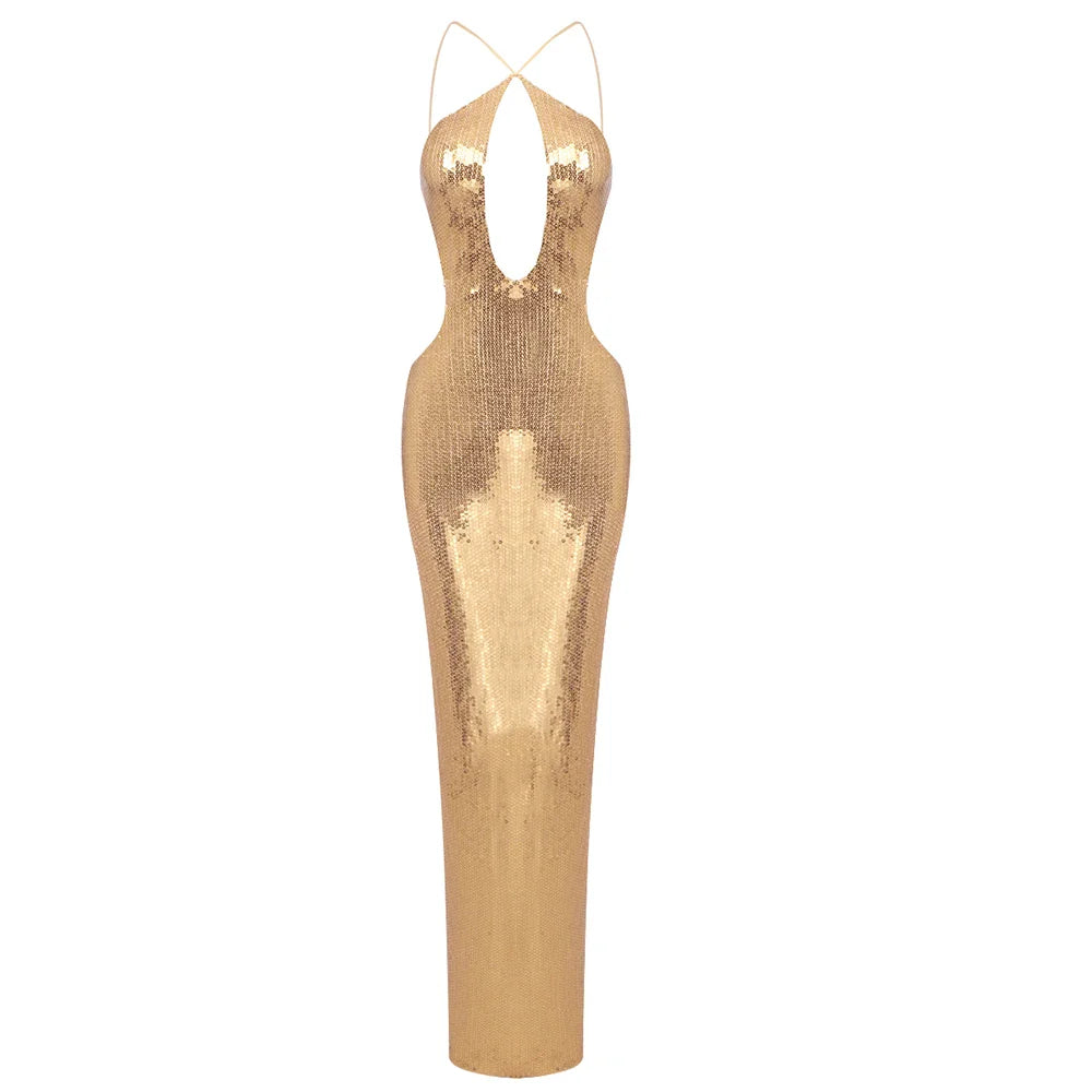 Women'S Gold Sequins Luxury Party Gown Sexy Backless  Long Dress For Wedding Banquet Party Female Clothing