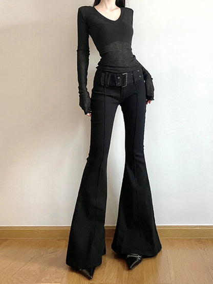 Women's Black Jeans Flare Pants Y2k Retro Emo 2000s Streetwear Fashion Trousers Harajuku Wide Yoga Pants 90s Aesthetic Clothes