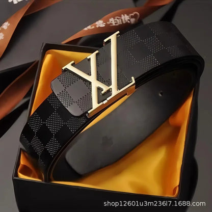 Light Luxury Mens Leather Belt Smooth Buckle Genuine Cowhide Perforated Pattern Fashion Trendy High End Versatile