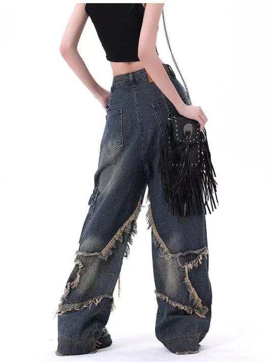 New American Vintage Washed Five-Point Star Frayed Hem Jeans for Women High Street Niche Oversized Straight Leg Long Pants