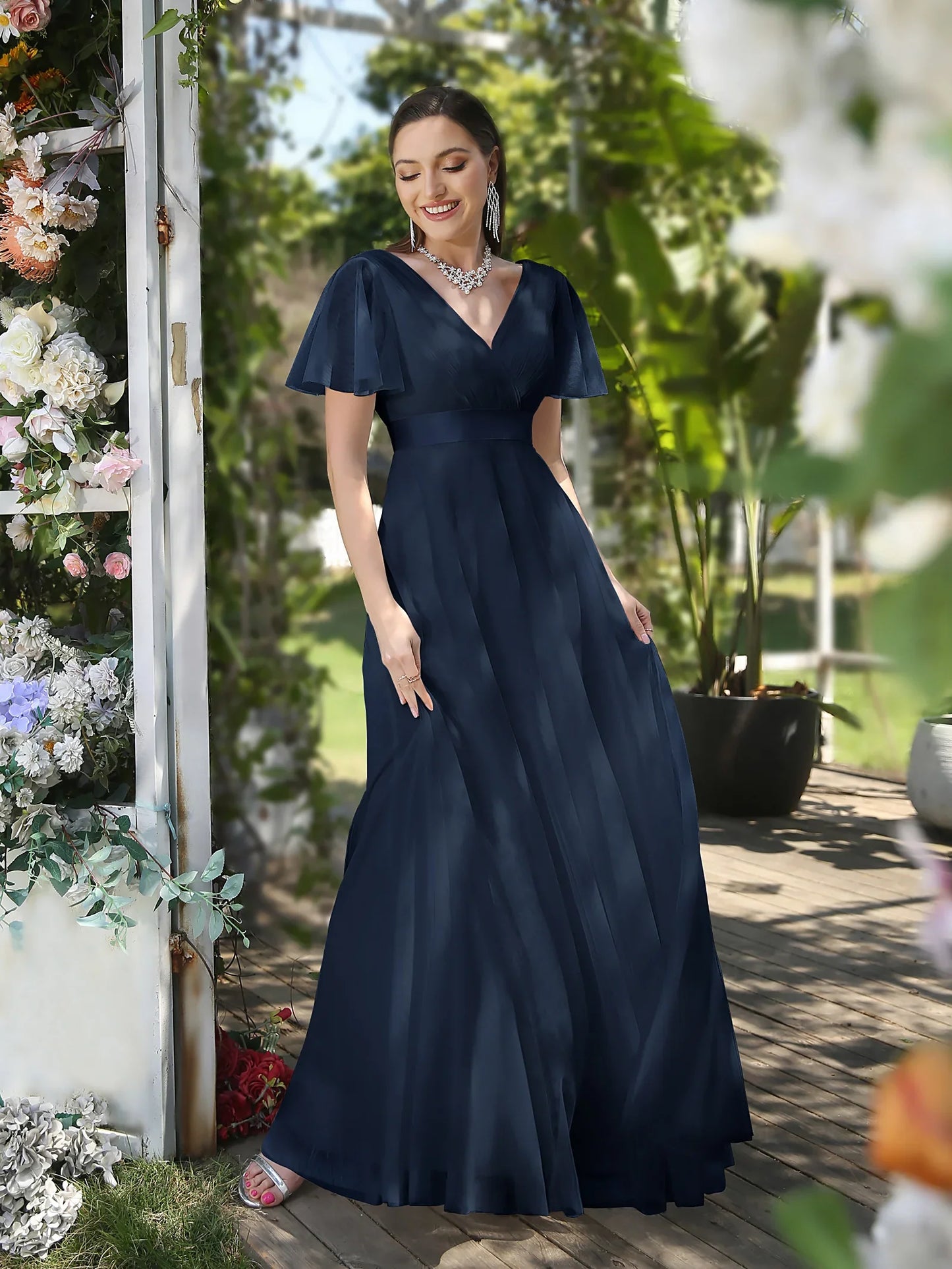 Empire Evening Dresses Cross V-Neck Tulle Short Sleeve Sashes Wedding Dress Sexy Backless Women's Formal Party Gowns