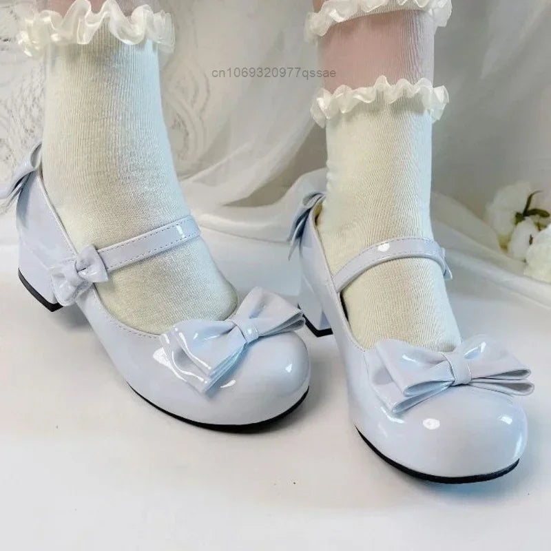 2024 Style Cute Round Head  Jane Pumps With Bow Women's Sweet Party Dress Midi Heels Shoes Fashion PU Sandals
