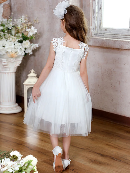 Girls Short Floral Decoration Flower Girl Bridesmaid Dresses Elegant Tulle Dresses Communion Dresses
