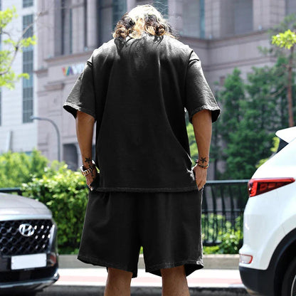 2024 Summer New Men's Set Japanese Style Plus Size Casual Loose Sports Suit Short Sleeve T-shirt Shorts Two-piece Men's Clothing