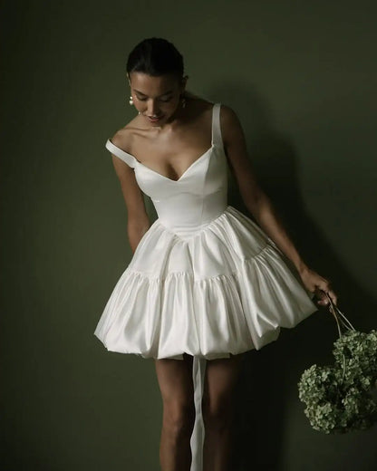 Ivory Satin Short Wedding Dress Ball Gown Mini Bridal Gowns Customized Vestidos De Novia