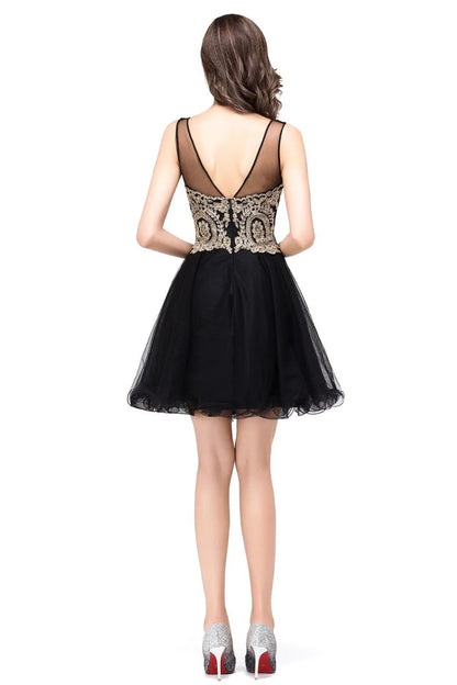 Vestidos Curtos Roxo de Baile com Apliques Dourados, Decote Ilusão A-Line, Mini Vestidos de Festa da Moda para Mulheres, Robe De Soirée
