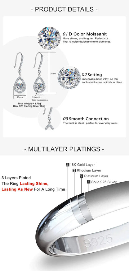 1ct D Color Moissanite Drop Teardrop Shape Earrings 925 Sterling Silve Hook Earrings for Woman Jewelry Gifts Wholesale