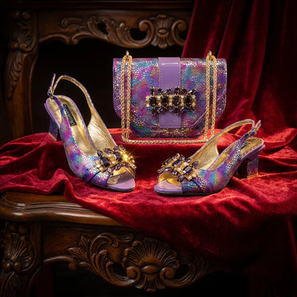 2026 New Elegant Rhinestone Peep Toe Women High Heels Sandals Italian Design with Coordinating Green Handbag Party Shoes and Bag