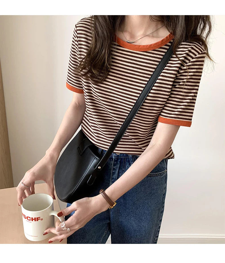 Striped Short Sleeve T-shirt Women's Summer New Korean Version Loose Retro Contrast Slim Round Neck Top Women's Fashion Casual